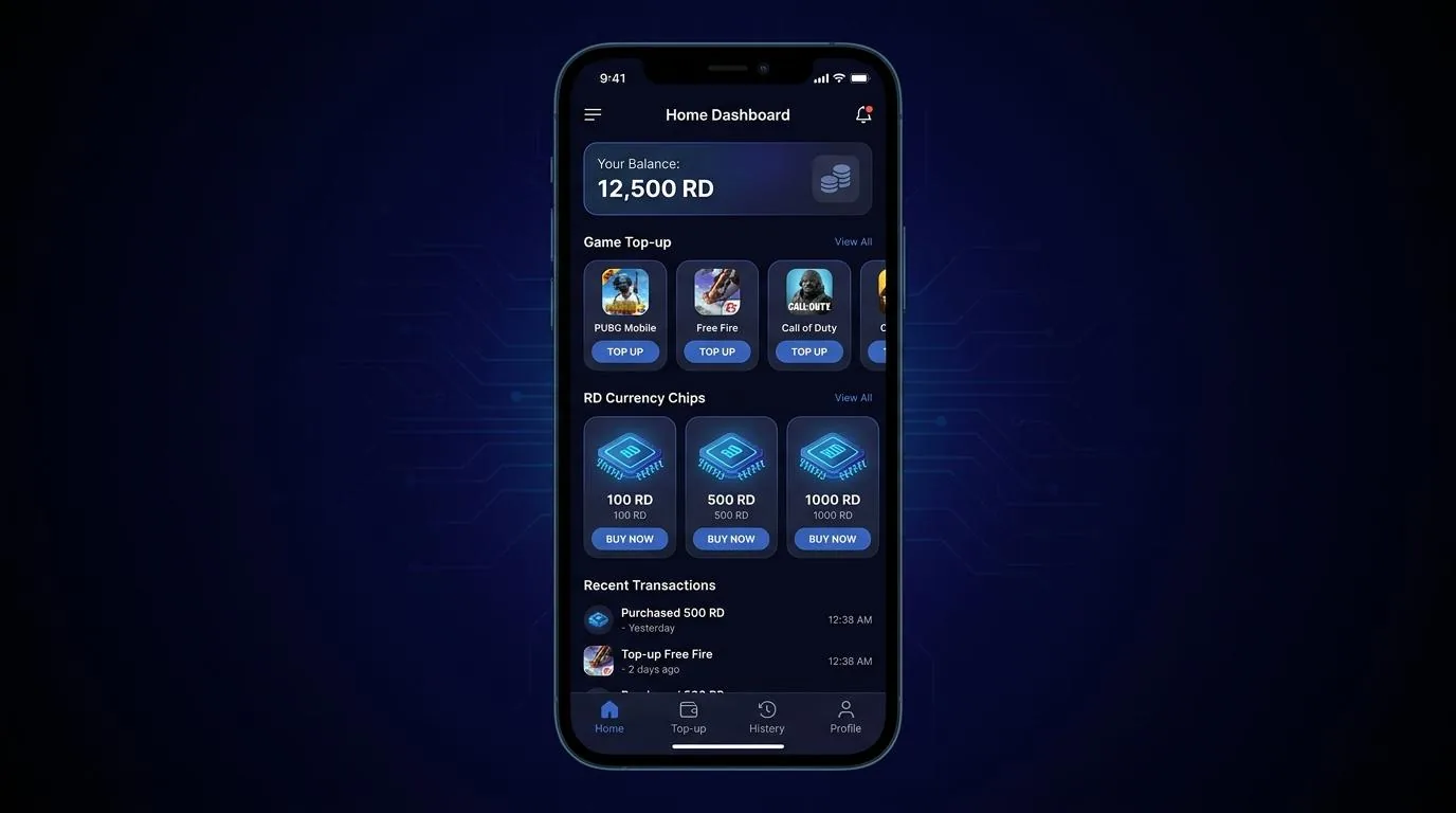 Screenshot topup game RD di Dream Topup Abadi — chip & koin emas